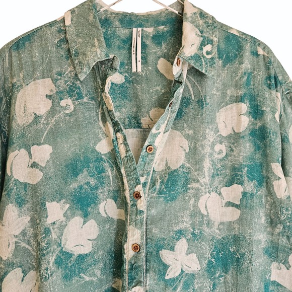 By‎ Anthropologie Short-Sleeve Printed Linen Buttondown Shirt Tunic Top XS/XXS - Picture 11 of 16